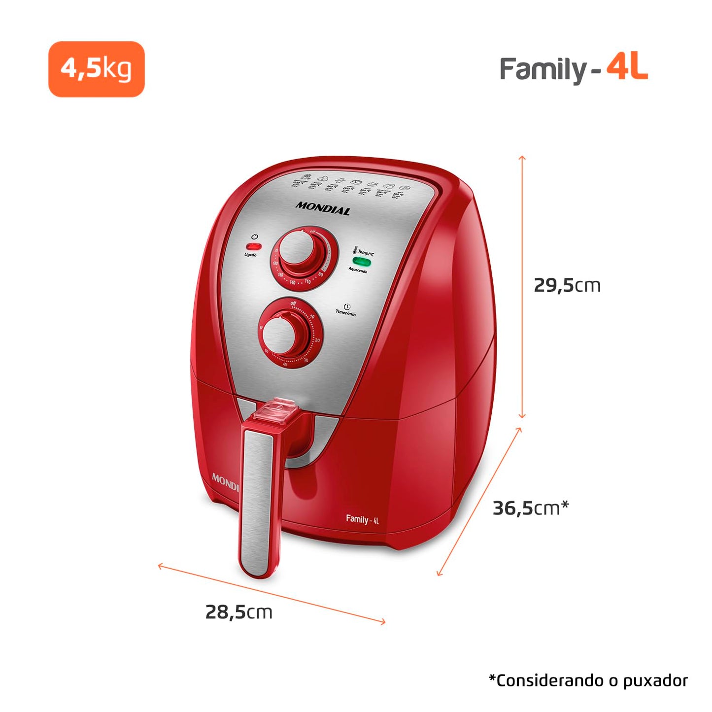 Fritadeira Sem Óleo Air Fryer 4L, Mondial, Vermelho/Inox, 1500W, 110V - AFN-40-RI