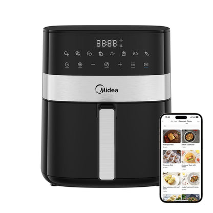 Midea Air Fryer Fritadeira 6L, 9 Menus Predefinidos, Tela de Toque LED, Desligamento Automático, Função IOT, 90% Menos Gordura, cesta Antiaderente e Prato Mais Crocante 127V/60Hz