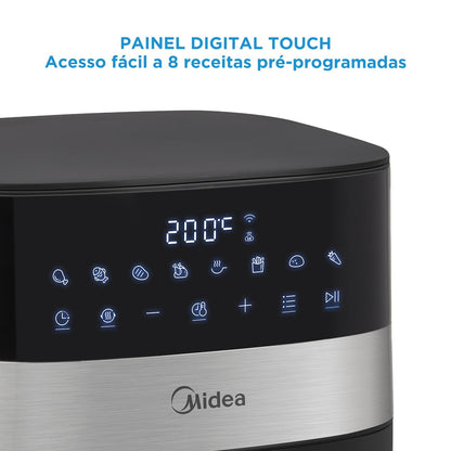 Midea Air Fryer Fritadeira 6L, 9 Menus Predefinidos, Tela de Toque LED, Desligamento Automático, Função IOT, 90% Menos Gordura, cesta Antiaderente e Prato Mais Crocante 127V/60Hz