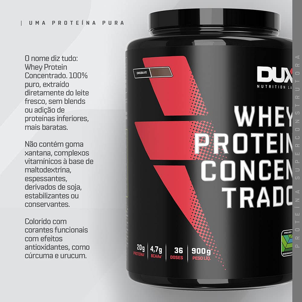 DUX HUMAN HEALTH - Whey Protein Concentrado - 20g de Proteínas por Porção - Suplementos Naturais, Suplementação Treino Academia, Ganho Muscular Hipertrofia - Baunilha - 900g