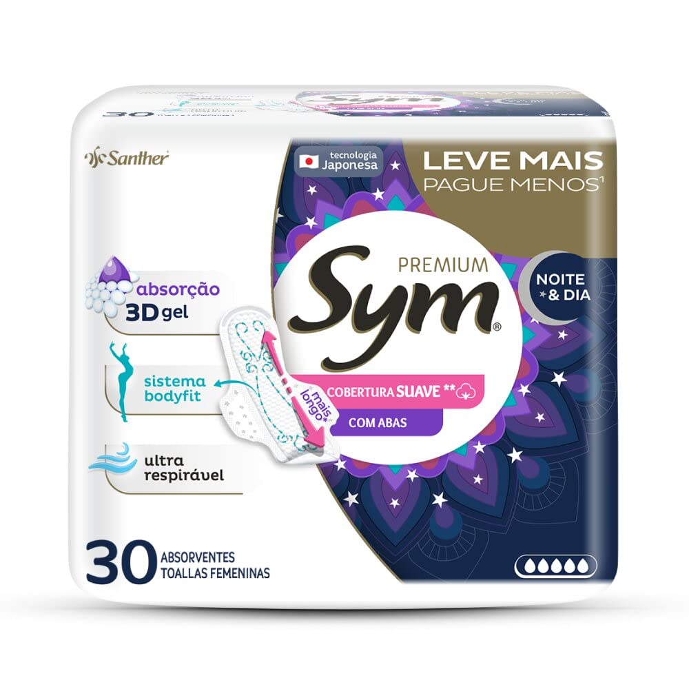 Sym Absorvente Premium Noturno Suave Com Abas Branco, 30 Unidades