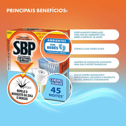 Repelente Elétrico Líquido SBP 45 Noites Cheiro Suave Novo Aparelho + Refil