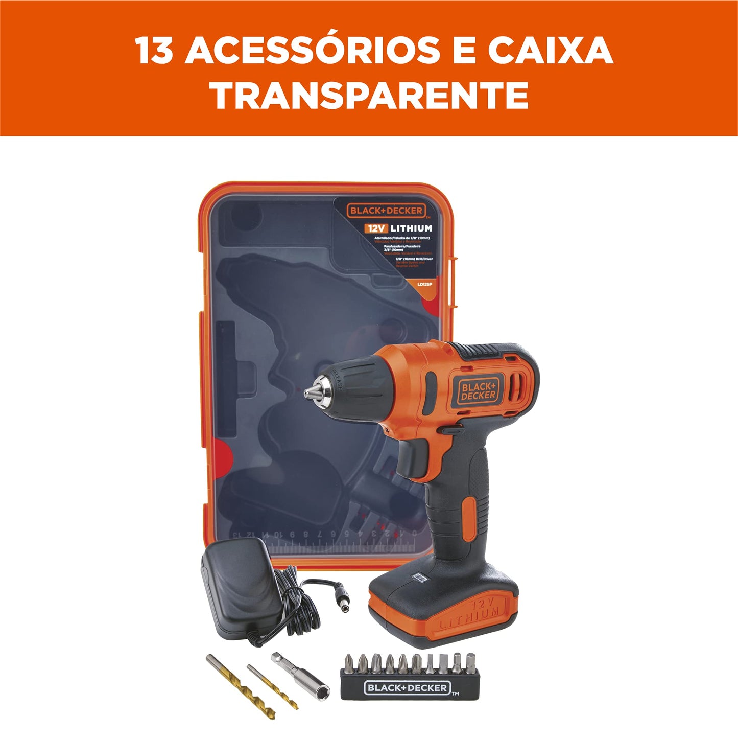 Black Decker Furadeira e Parafusadeira 3/8 Pol Bateria, com 13 Acessórios e Caixa Transparente, Modelo ‎LD12SP, Bivolt