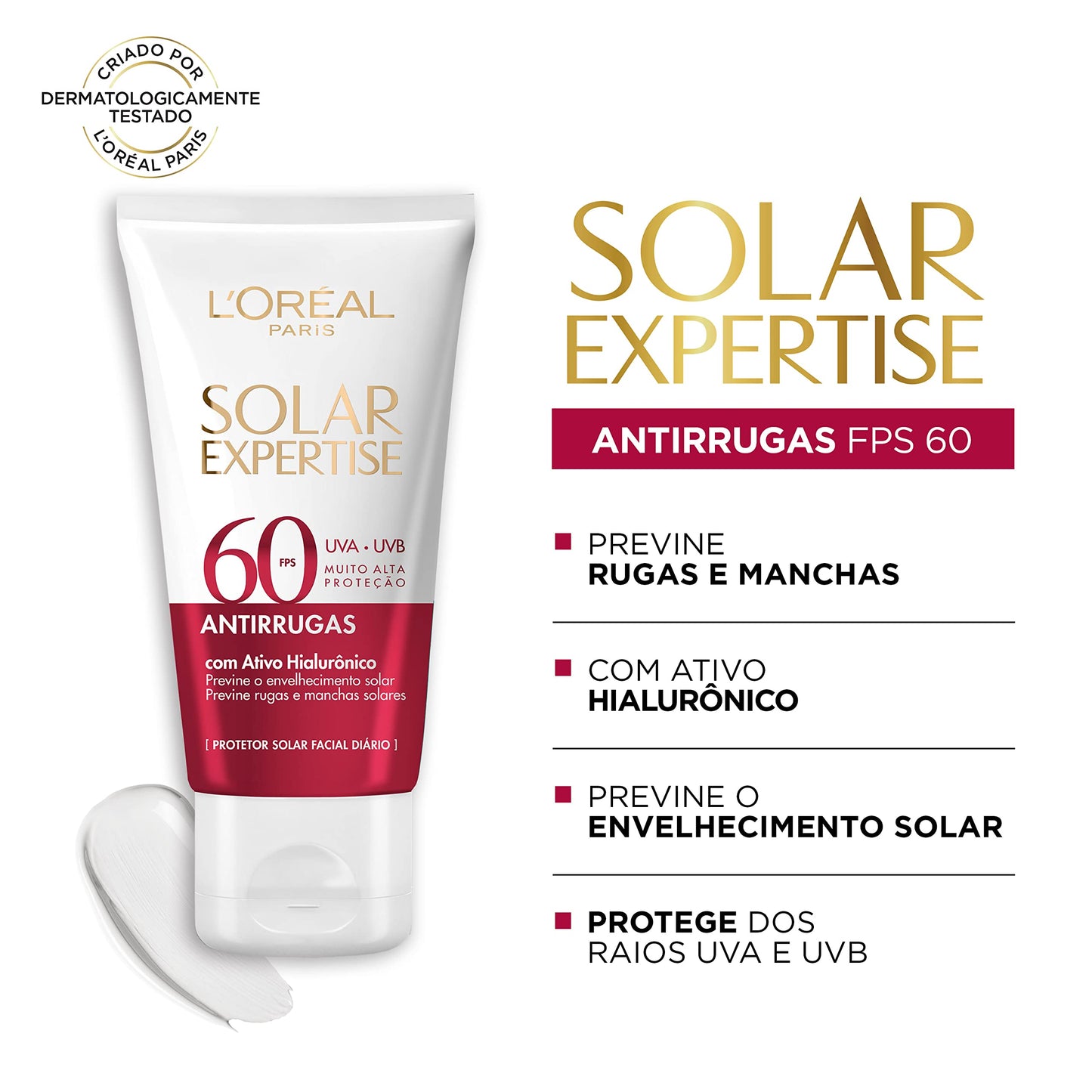 L'Oréal Paris Protetor Solar Facial Antirrugas FPS60 com Ativo Hialurônico Solar Expertise, 40g