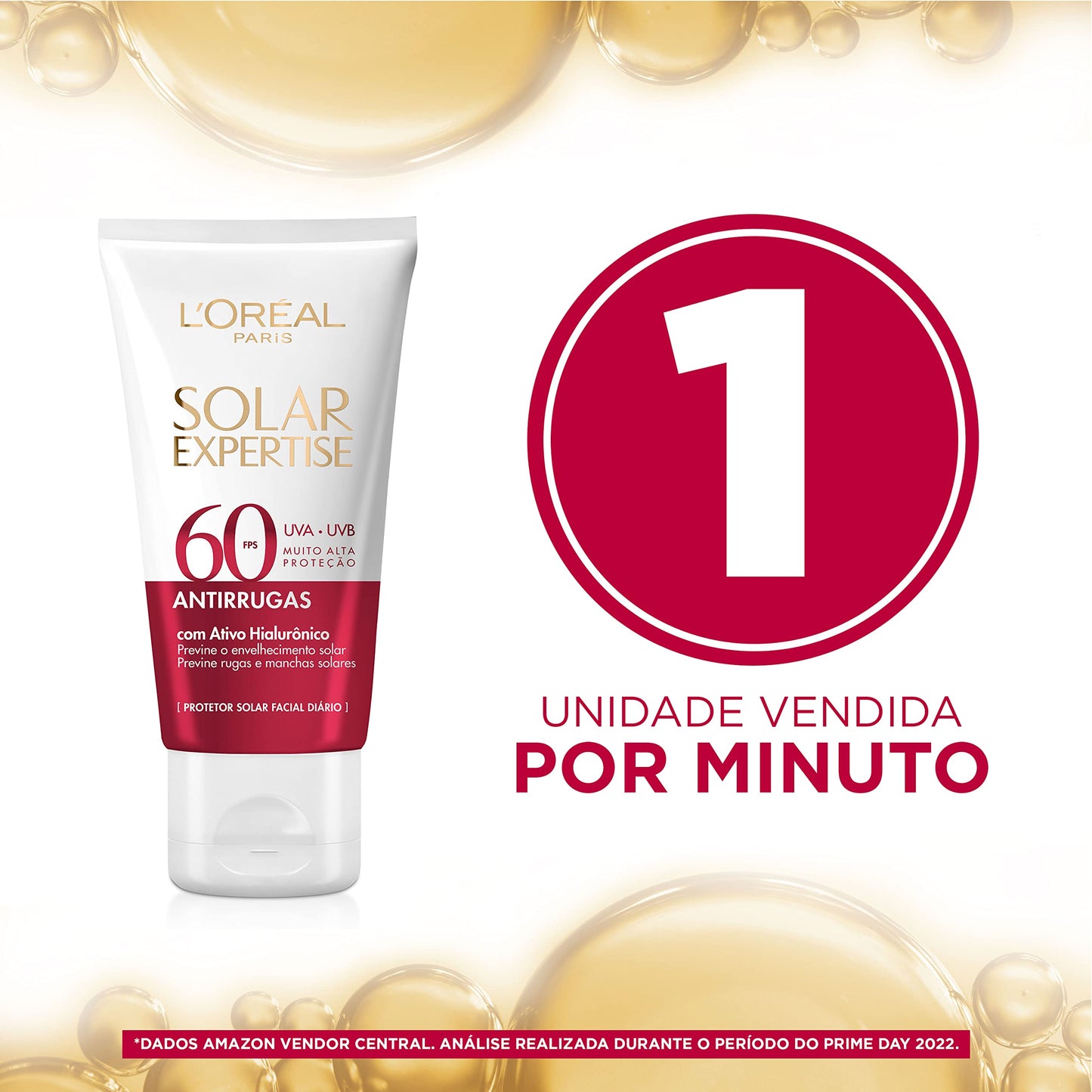 L'Oréal Paris Protetor Solar Facial Antirrugas FPS60 com Ativo Hialurônico Solar Expertise, 40g