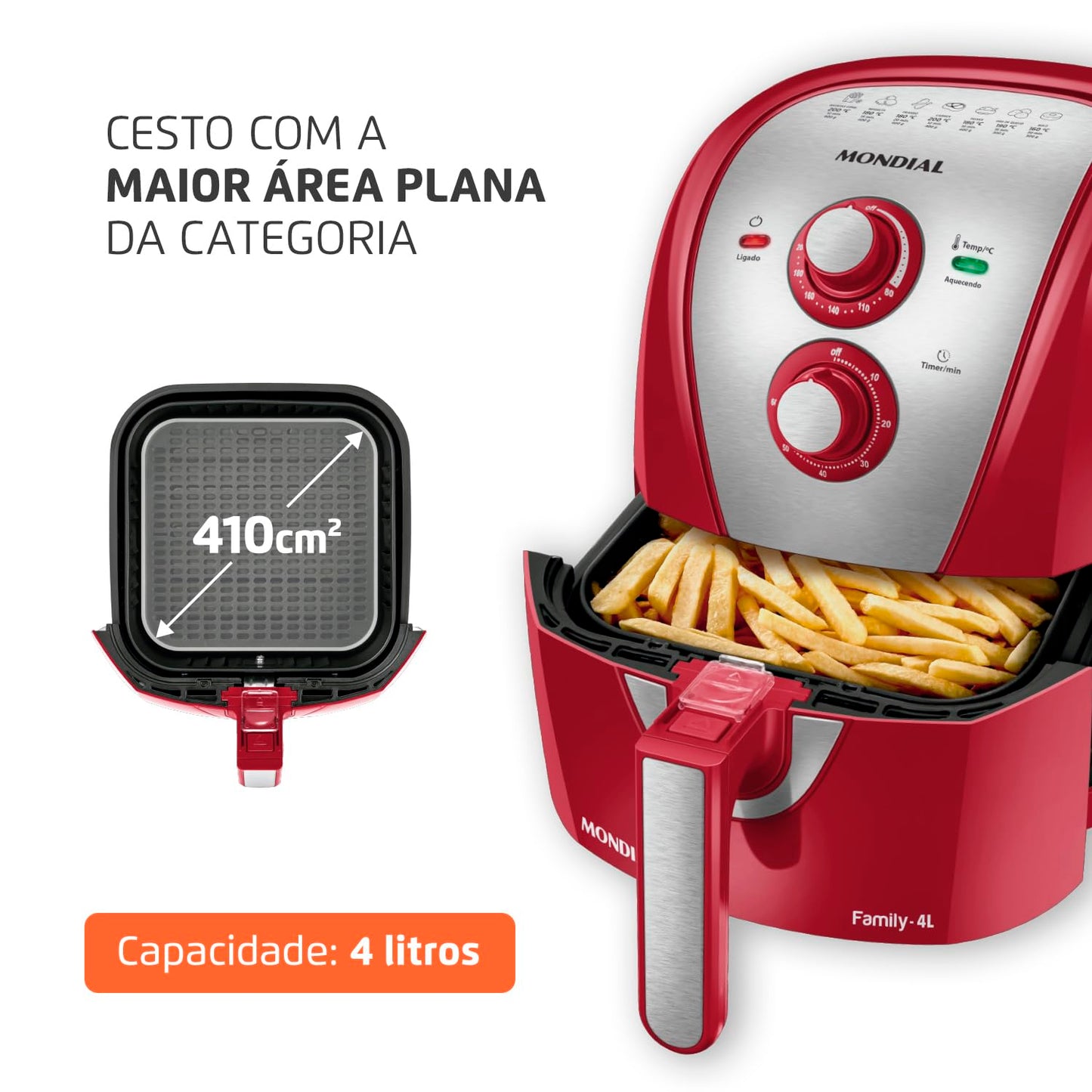 Fritadeira Sem Óleo Air Fryer 4L, Mondial, Vermelho/Inox, 1500W, 110V - AFN-40-RI