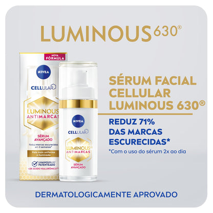 NIVEA Sérum Facial Cellular Luminous 630 30ml - Enriquecido com Ácido Hialurônico e Vitamina E, sua fórmula reduz marcas escurecidas, deixa a pele uniforme e previne o surgimento de novas marcas, proporcionando uma pele mais luminosa