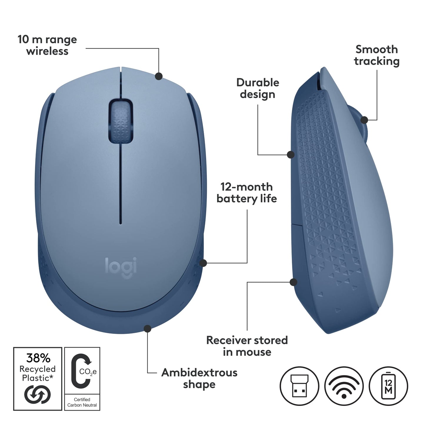 Mouse sem fio Logitech M170 com Design Ambidestro Compacto, Conexão USB e Pilha Inclusa - Azul Claro