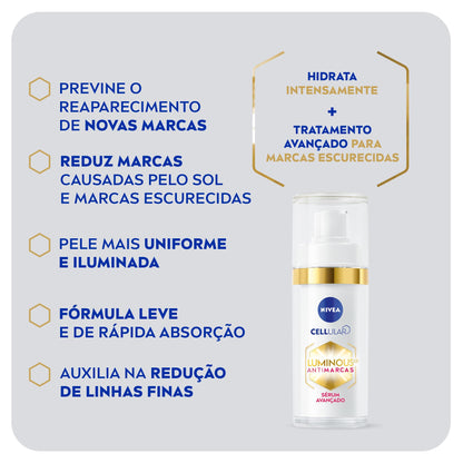 NIVEA Sérum Facial Cellular Luminous 630 30ml - Enriquecido com Ácido Hialurônico e Vitamina E, sua fórmula reduz marcas escurecidas, deixa a pele uniforme e previne o surgimento de novas marcas, proporcionando uma pele mais luminosa