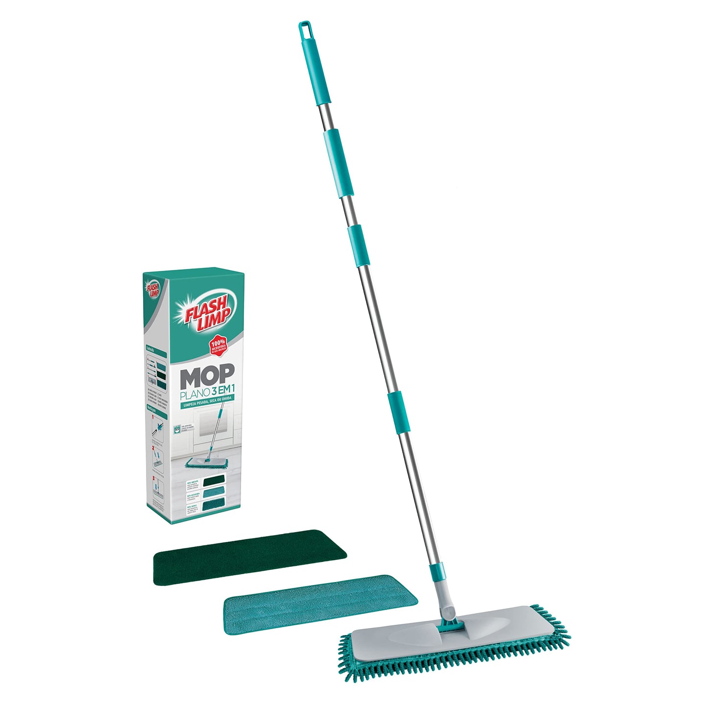 Mop Plano 3 EM 1, Limpeza Pesada, Úmida e Tira Pó, MOP0617, Flash Limp, Inox e verde