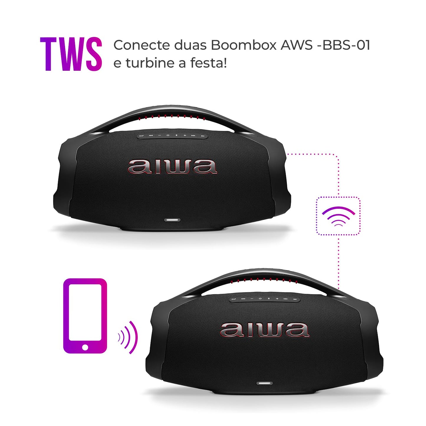 AIWA, Caixa de Som Boombox BBS01, 200W RMS, IP66 com Alça, 30h de Bateria, Bluetooth 5.3,TWS