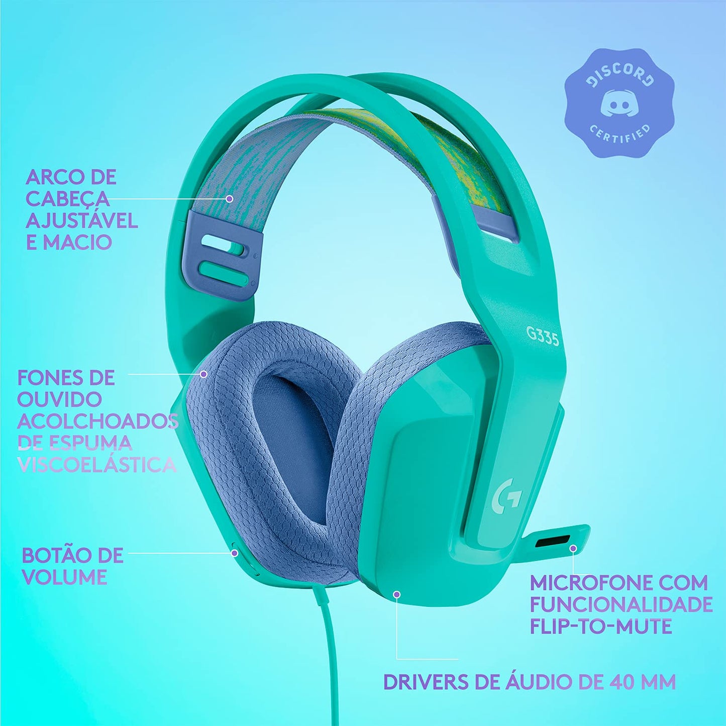 Headset Gamer Logitech G335 com Almofadas com Espuma de Memória, Design Leve e Conexão 3,5mm para PC, PlayStation, Xbox, Nintendo Switch e Mobile - Mint