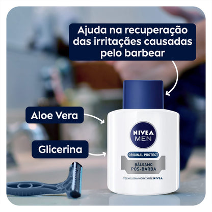 NIVEA MEN Bálsamo Pós Barba Original Protect 100ml - Atua na recuperação da pele, cuidado e hidratação, fórmula leve, com Aloe Vera e Glicerina, sensação de alívio imediato