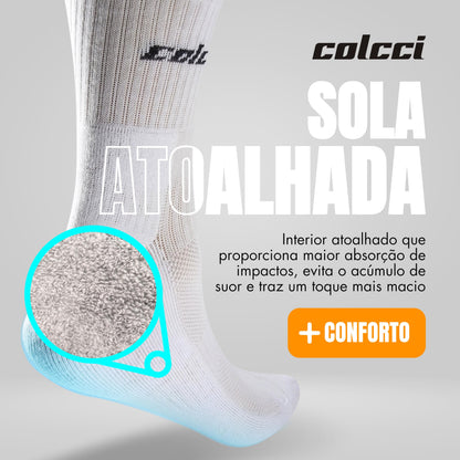 COLCCI Kit 6 Pares Meia Cano Médio Alto Esportiva Academia com Faixa Tensora Punho Canelado, 2 Branco - 2 Cinza - 2 Preto, 39-44