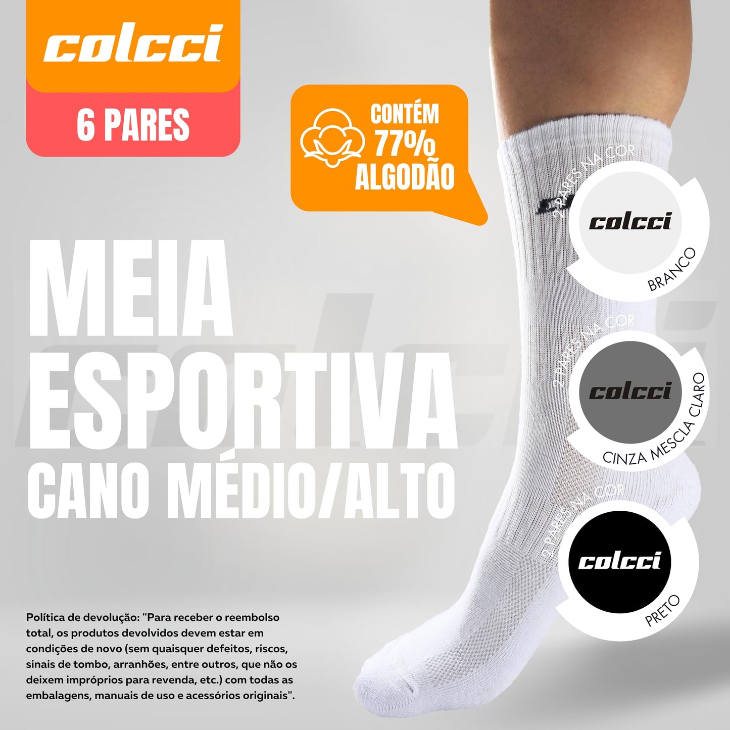 COLCCI Kit 6 Pares Meia Cano Médio Alto Esportiva Academia com Faixa Tensora Punho Canelado, 2 Branco - 2 Cinza - 2 Preto, 39-44