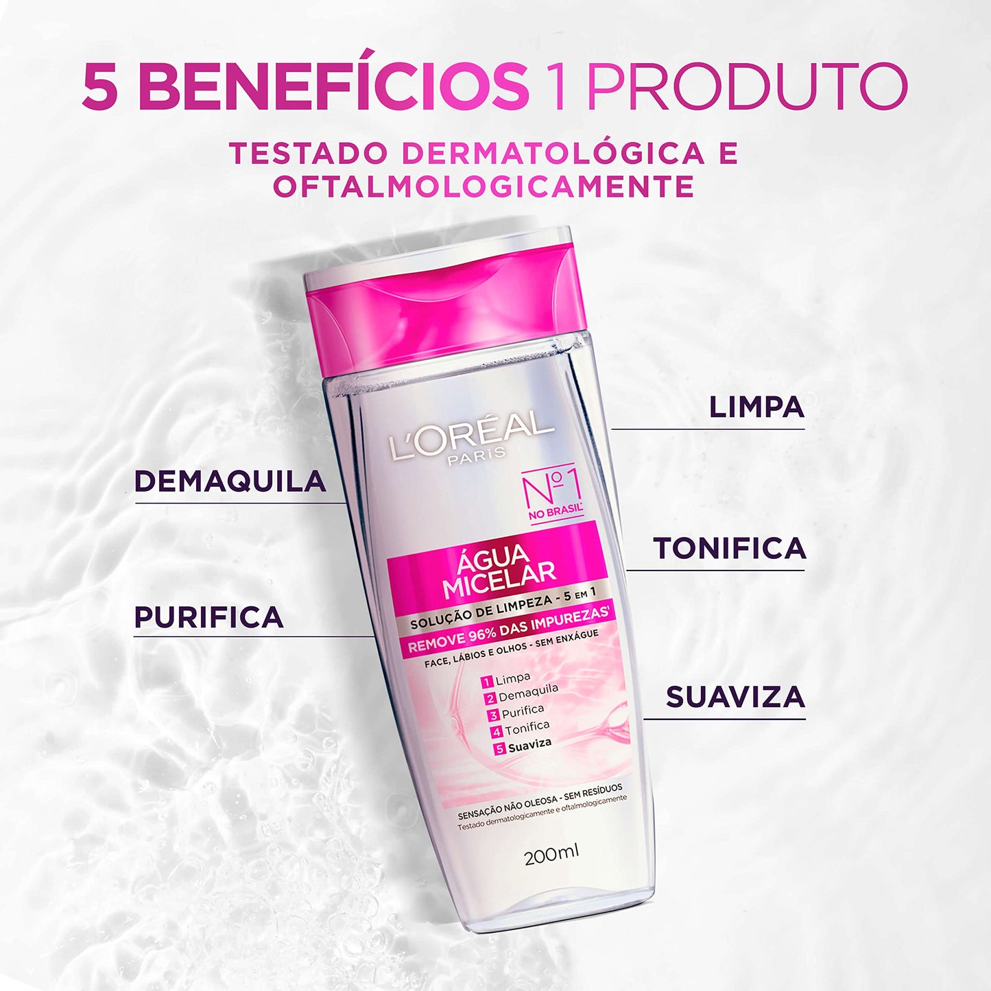 Água Micelar 5 Em 1 200ml, L'Oréal Paris, 200ml, Demaquila, Limpa, Purifica, Suaviza, Elimina Impurezas e Reequilibra a Pele