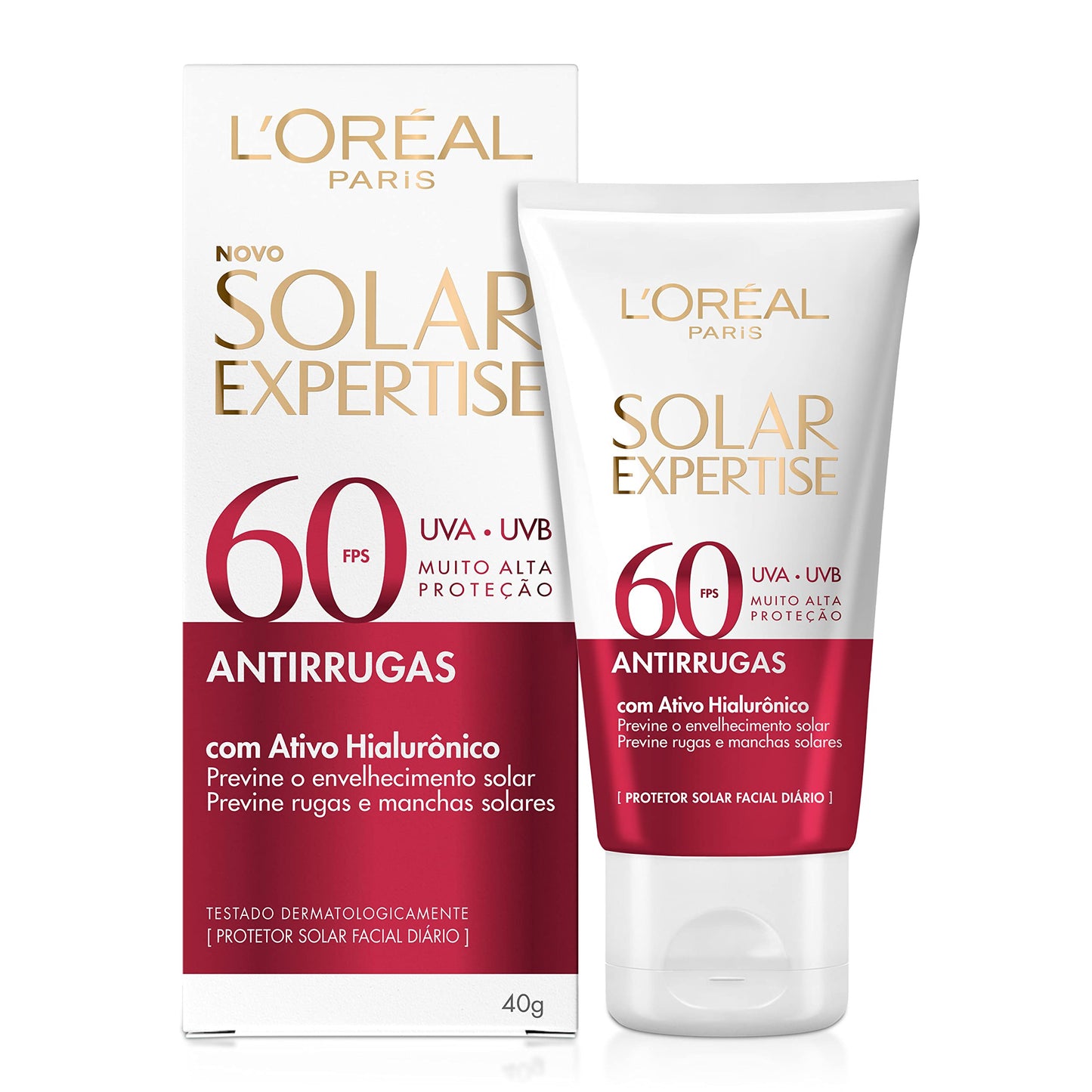 L'Oréal Paris Protetor Solar Facial Antirrugas FPS60 com Ativo Hialurônico Solar Expertise, 40g