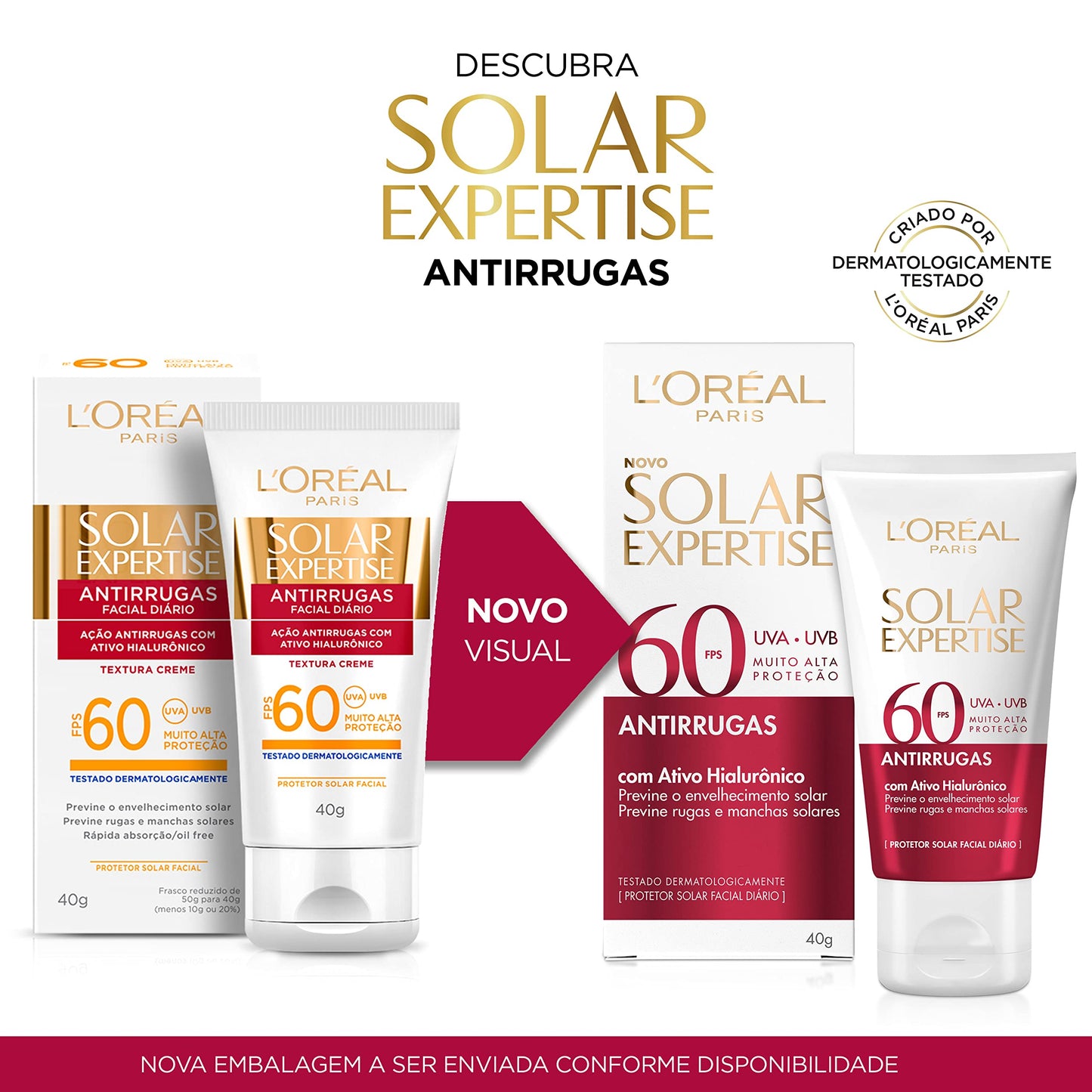 L'Oréal Paris Protetor Solar Facial Antirrugas FPS60 com Ativo Hialurônico Solar Expertise, 40g