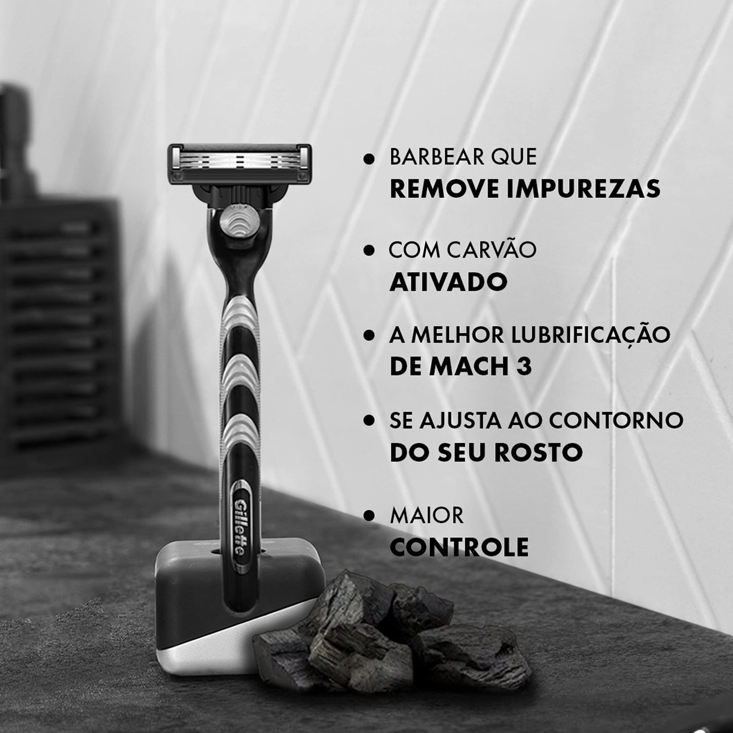 Gillette Mach3 Carbono Refil para Aparelho de Barbear reutilizável, com Carvão Ativado e Fita Lubrificante Melhorada 4 Uds