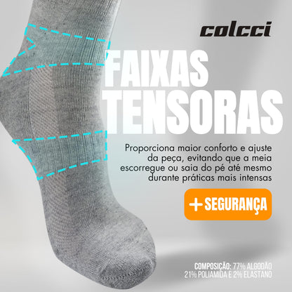 COLCCI Kit 6 Pares Meia Cano Médio Alto Esportiva Academia com Faixa Tensora Punho Canelado, 2 Branco - 2 Cinza - 2 Preto, 39-44