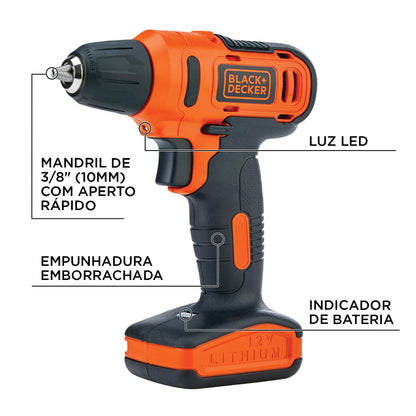 Black Decker Furadeira e Parafusadeira 3/8 Pol Bateria, com 13 Acessórios e Caixa Transparente, Modelo ‎LD12SP, Bivolt