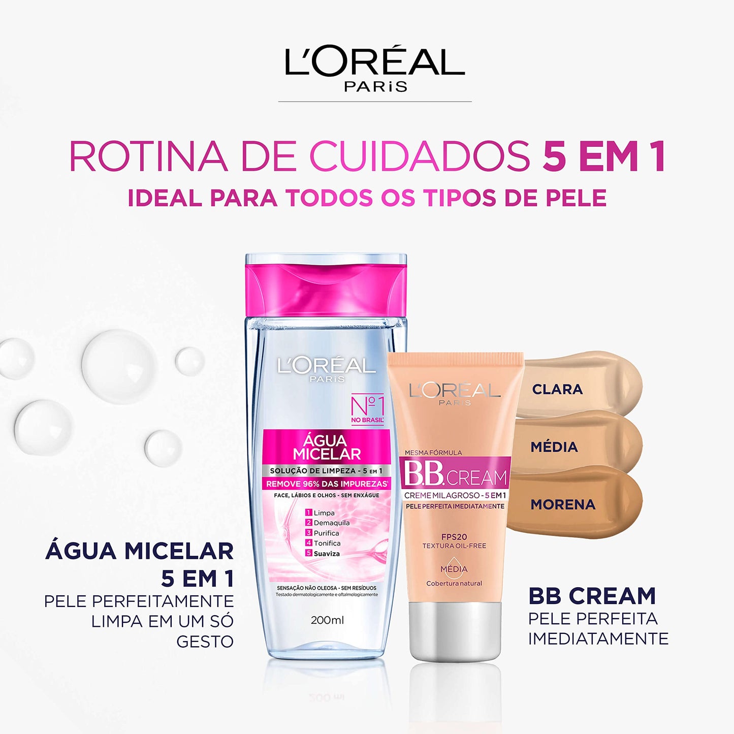 Água Micelar 5 Em 1 200ml, L'Oréal Paris, 200ml, Demaquila, Limpa, Purifica, Suaviza, Elimina Impurezas e Reequilibra a Pele