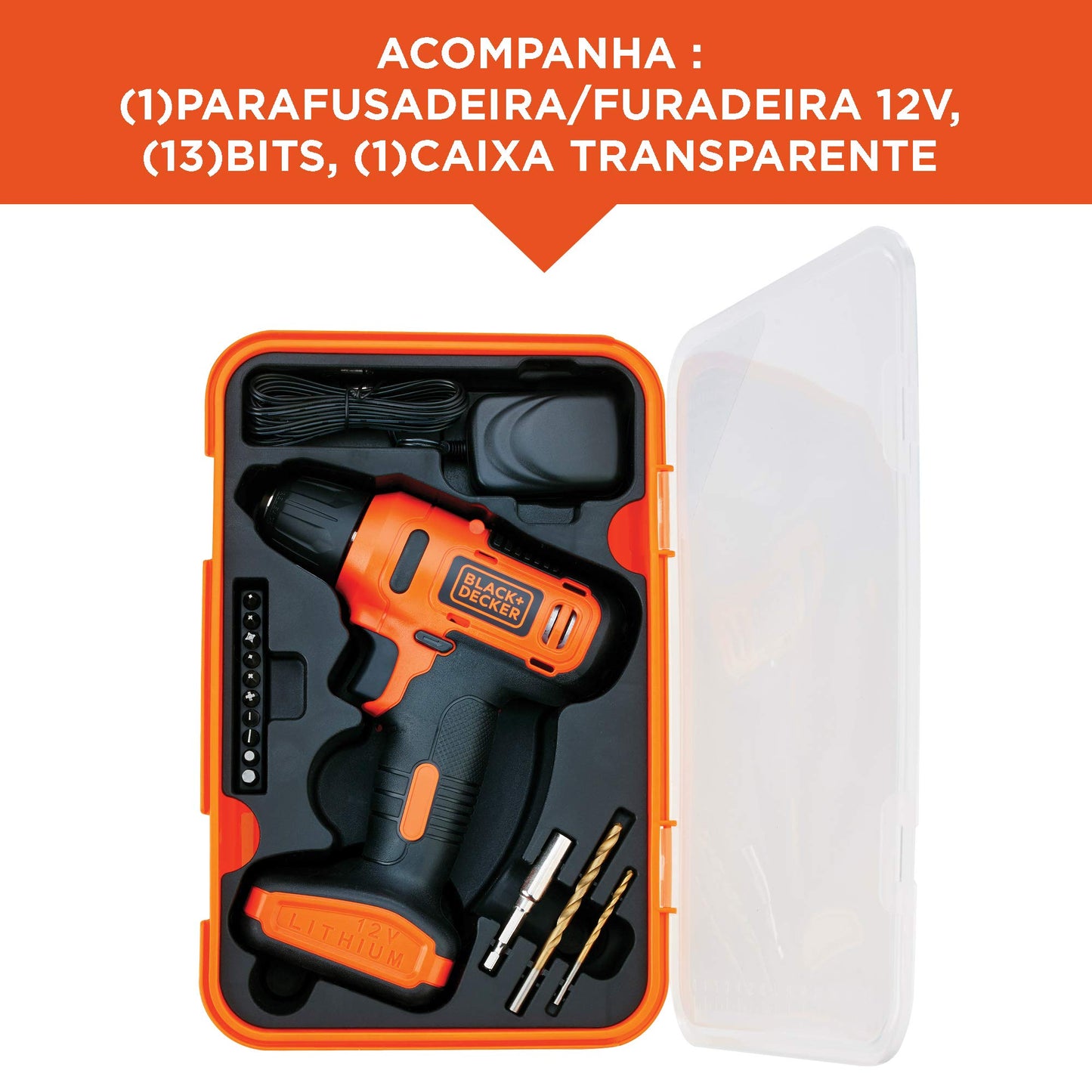 Black Decker Furadeira e Parafusadeira 3/8 Pol Bateria, com 13 Acessórios e Caixa Transparente, Modelo ‎LD12SP, Bivolt