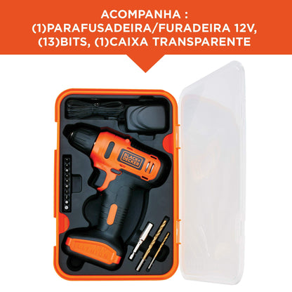 Black Decker Furadeira e Parafusadeira 3/8 Pol Bateria, com 13 Acessórios e Caixa Transparente, Modelo ‎LD12SP, Bivolt