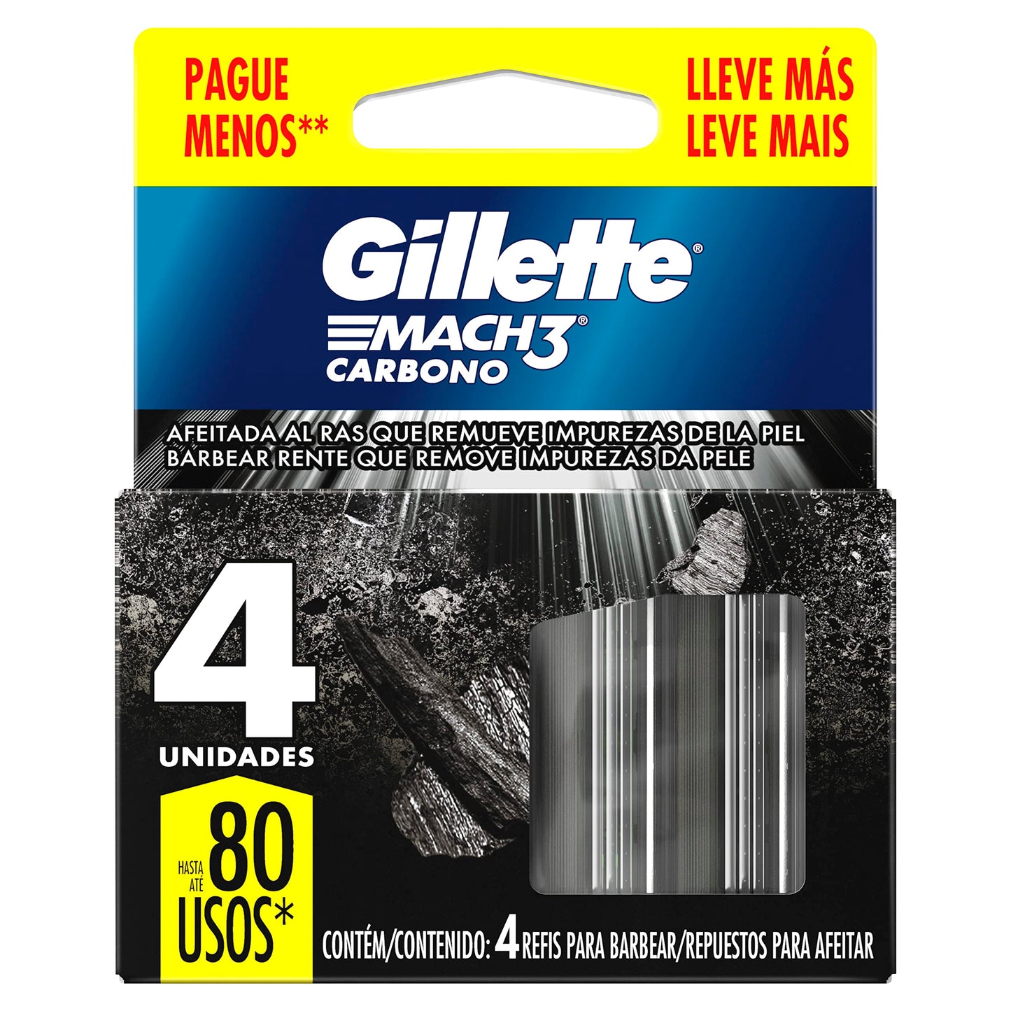 Gillette Mach3 Carbono Refil para Aparelho de Barbear reutilizável, com Carvão Ativado e Fita Lubrificante Melhorada 4 Uds