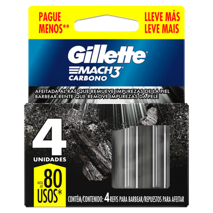 Gillette Mach3 Carbono Refil para Aparelho de Barbear reutilizável, com Carvão Ativado e Fita Lubrificante Melhorada 4 Uds