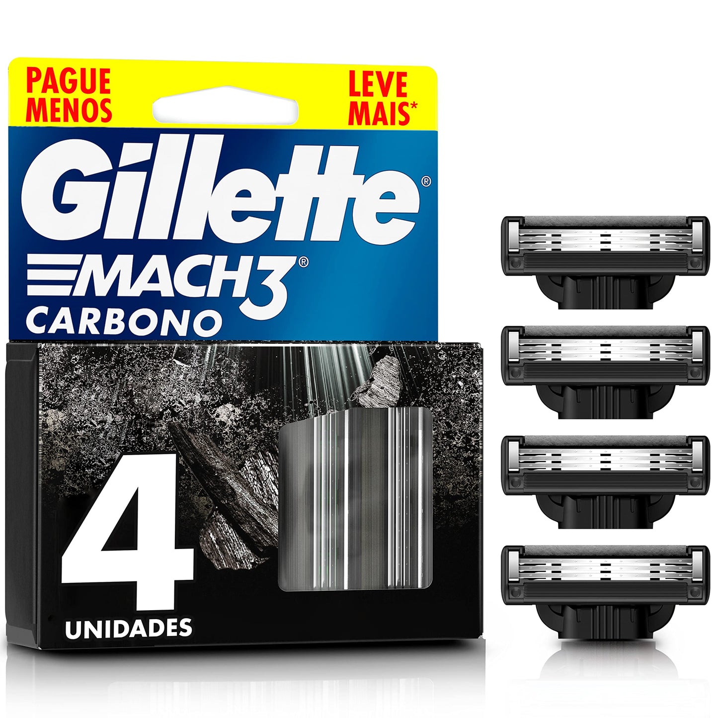 Gillette Mach3 Carbono Refil para Aparelho de Barbear reutilizável, com Carvão Ativado e Fita Lubrificante Melhorada 4 Uds