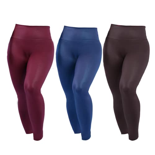 Kit 3 Legging Cirre Cintura Alta Brilho Molhado Imita Couro Lycra BORDO-AZUL-MARROM M