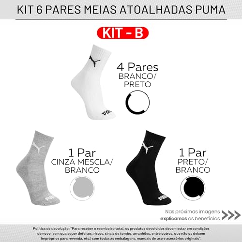 KIT 6 MEIA ESPORTIVA CANO MEDIO - PUMA | 1 Cinza - 1 Preto - 4 Branco | 34-39