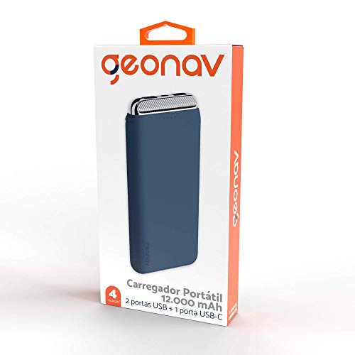 Geonav Carregador Portátil Universal, Power Bank, 12.000 mAh, 2 Saídas USB + 1 Saída USB-C, PB12KMB, Azul Marinho