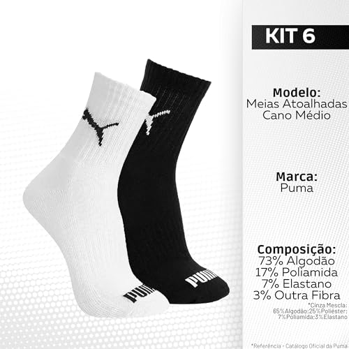 KIT 6 MEIA ESPORTIVA CANO MEDIO - PUMA | 1 Cinza - 1 Preto - 4 Branco | 34-39