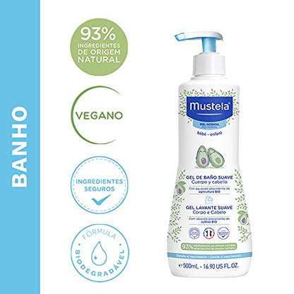 Mustela BR Gel Lavante Suave Com Abacate Orgânico 500Ml - Sabonete Líquido Corpo e Cabelo Para Bebês 93% De Ingredientes De Origem Natural Fórmula Biodegradável - Mustela Bebê e Criança