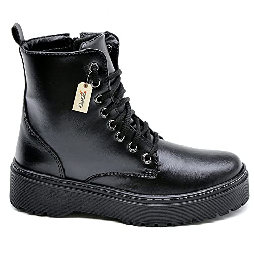 Bota Coturno Militar Feminino Blogueira Cano Alto Com Cadarço Sola de Borracha Antiderrapante 202-GG Cor:Preto;Tamanho;33