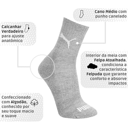 KIT 6 MEIA ESPORTIVA CANO MEDIO - PUMA | 1 Cinza - 1 Preto - 4 Branco | 34-39