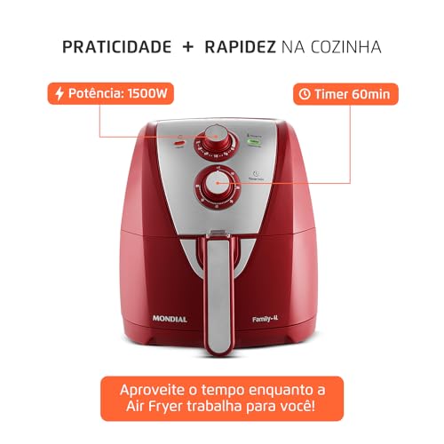 Fritadeira Sem Óleo Air Fryer 4L, Mondial, Vermelho/Inox, 1500W, 220V - AFN-40-RI