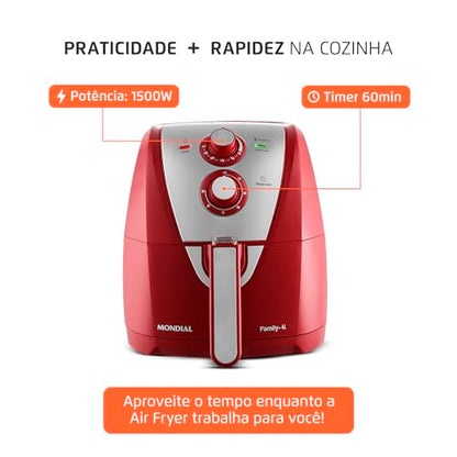 Fritadeira Sem Óleo Air Fryer 4L, Mondial, Vermelho/Inox, 1500W, 220V - AFN-40-RI