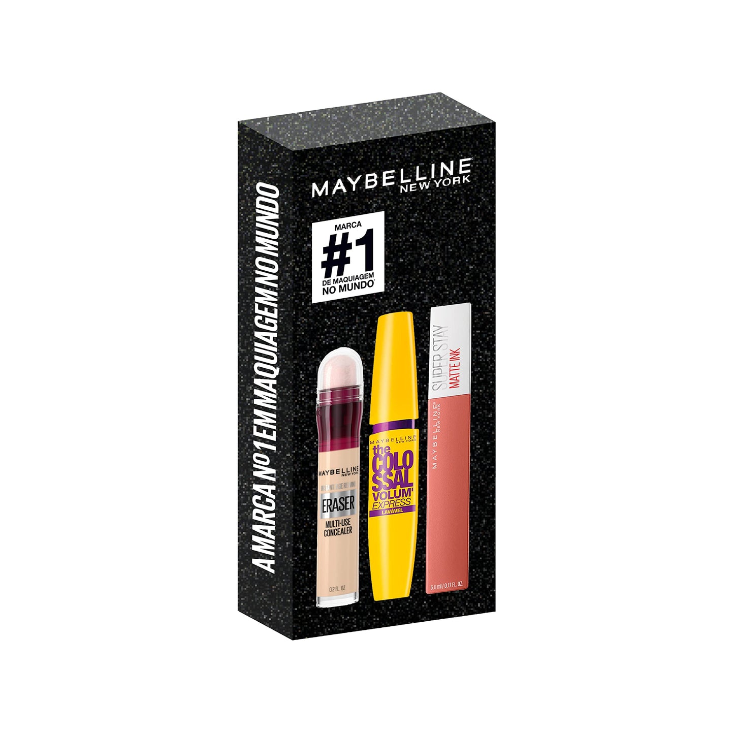 Maybelline NY Kit Queridinhos Batom Líquido Matte Ink 65 Seductress + Máscara De Cílios Colossal Lavável + Corretivo Eraser 100 Ivory